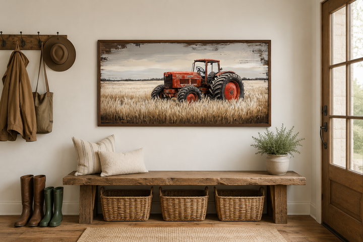 Red tractor in a golden wheat field rustic farmhouse wall art above a wooden bench.