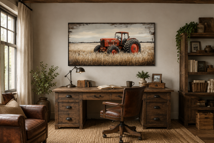 Framed canvas art of a vintage red tractor in a golden wheat field above a rustic wooden desk.