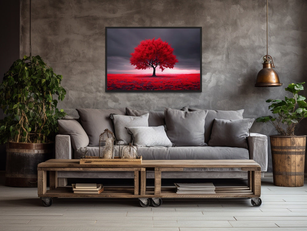 Red Tree On Black Background Framed Canvas Red Accent Wall Art above grey couch