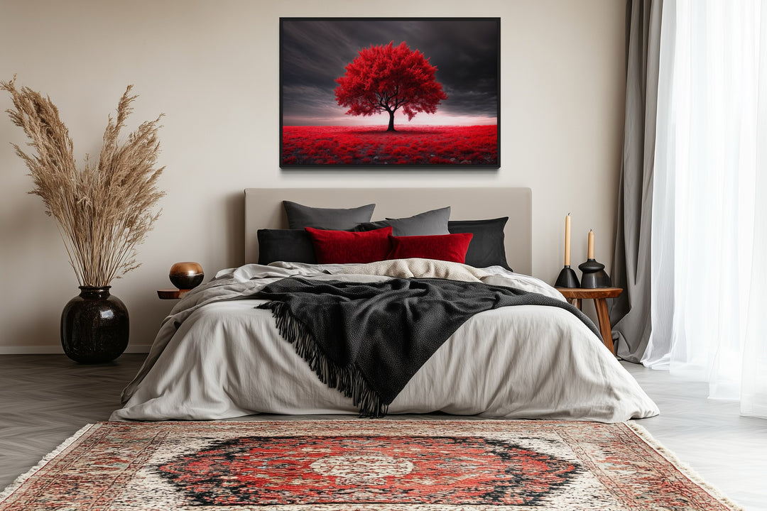 Red tree on black background framed canvas wall art.