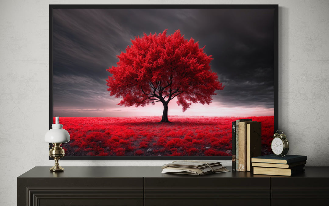 Red Tree On Black Background Framed Canvas Red Accent Wall Art