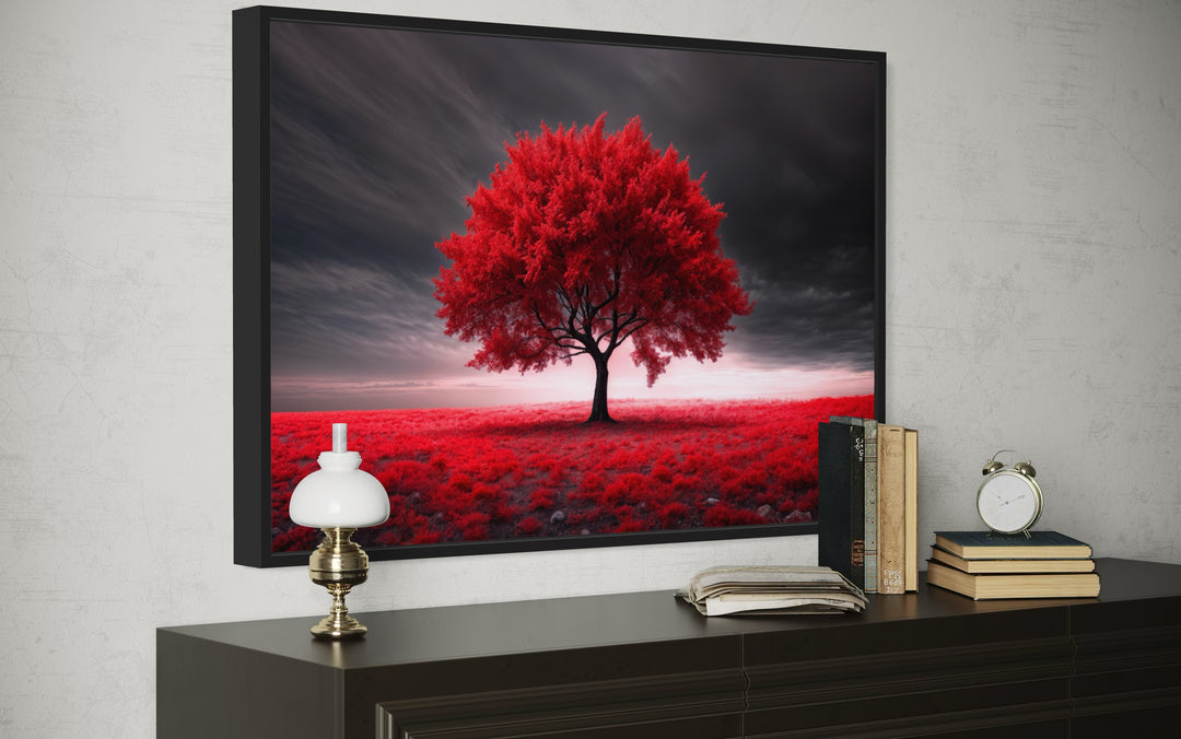 Red Tree On Black Background Framed Canvas Red Accent Wall Art