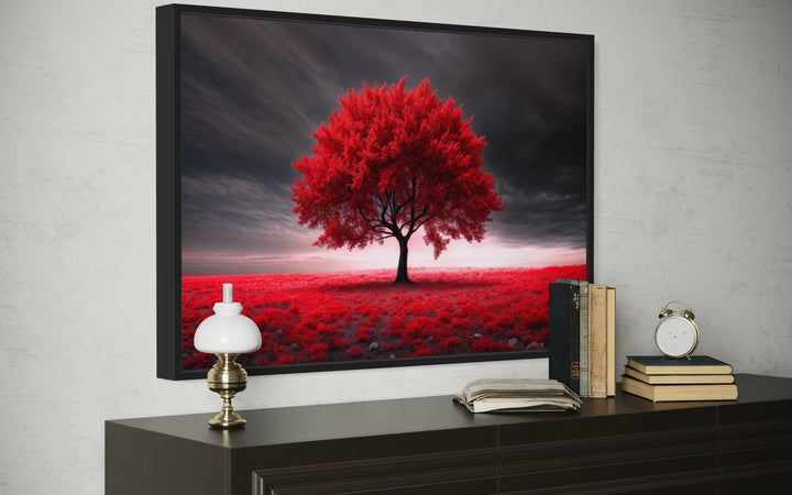 Red Tree On Black Background Framed Canvas Red Accent Wall Art