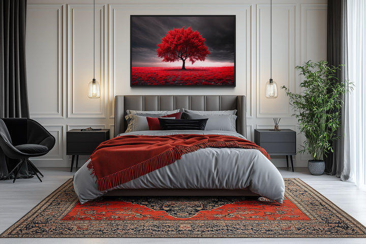 Red Tree On Black Background Framed Canvas Red Accent Wall Art