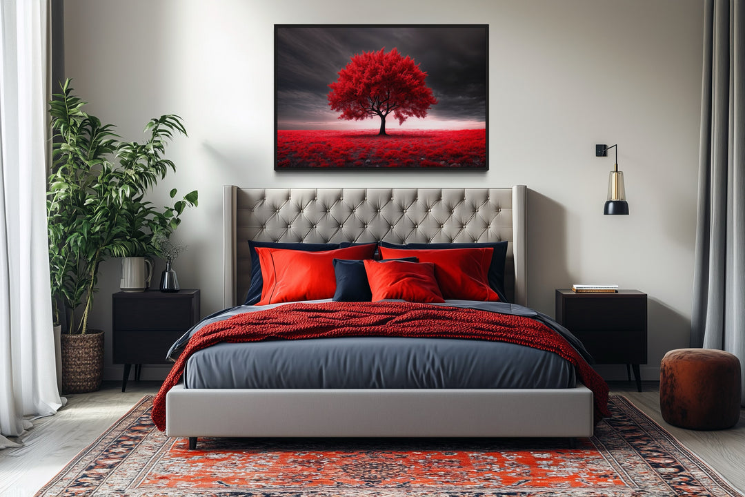 Red tree on black background framed canvas wall art.
