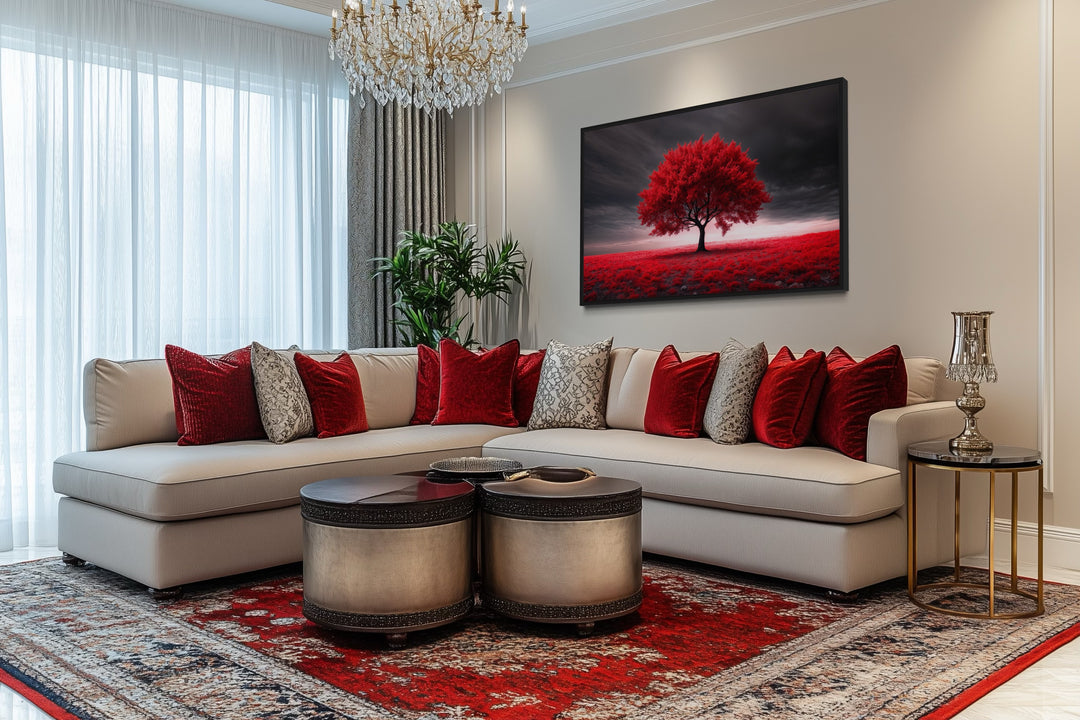 Red Tree On Black Background Framed Canvas Red Accent Wall Art