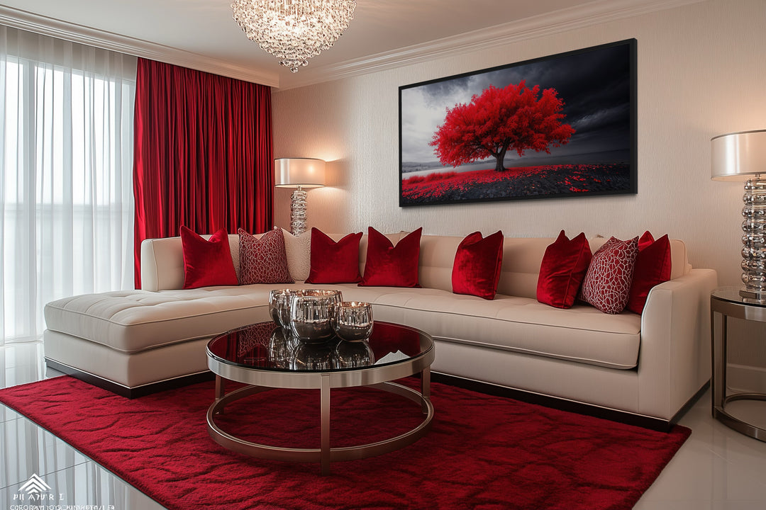 Framed canvas print of a vibrant red tree on a black and white landscape above a white sofa.