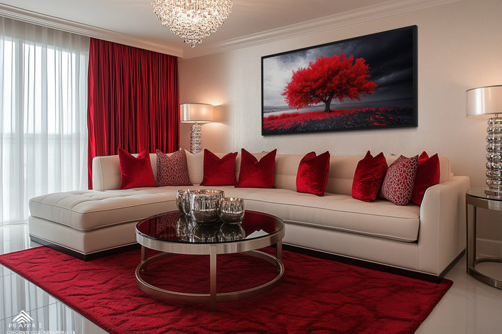 Framed canvas print of a vibrant red tree on a black and white landscape above a white sofa.