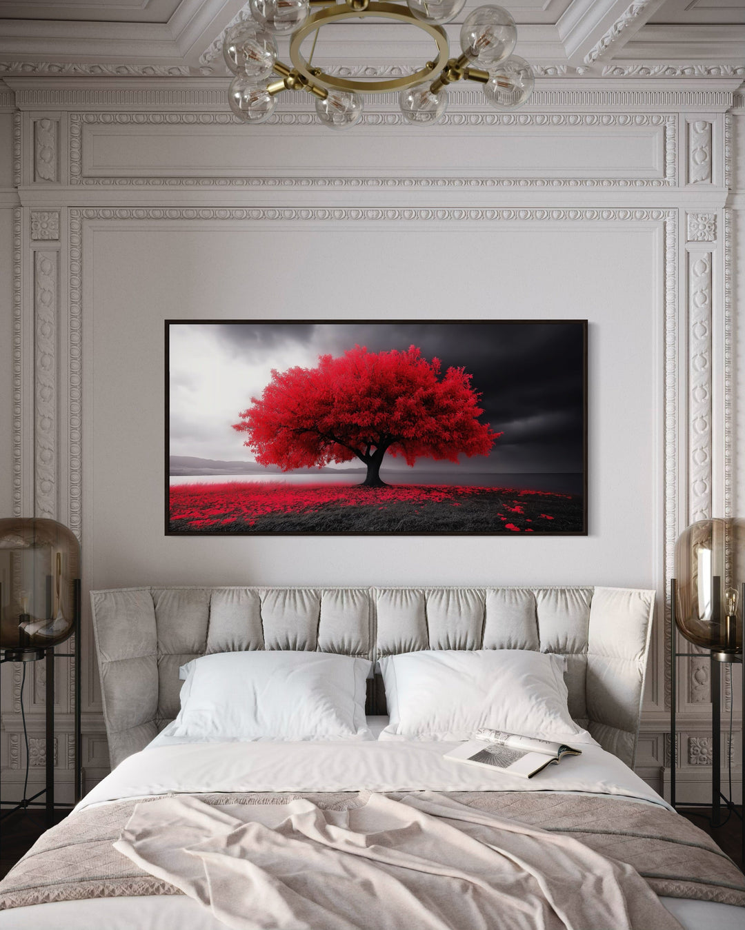 Red Tree on Black White Background Framed Canvas Wall Art