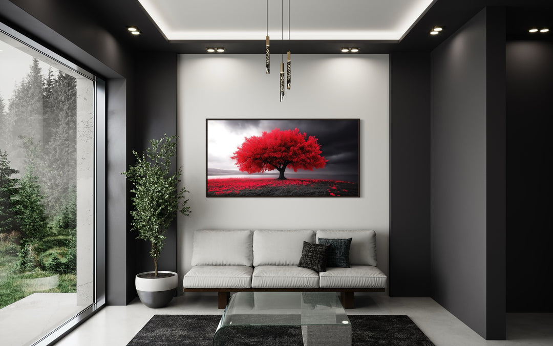 Red Tree on Black White Background Framed Canvas Wall Art