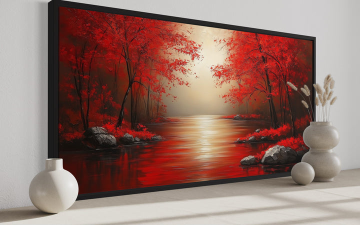 Red Trees And River Autumn Landscape Framed Canvas Wall Art