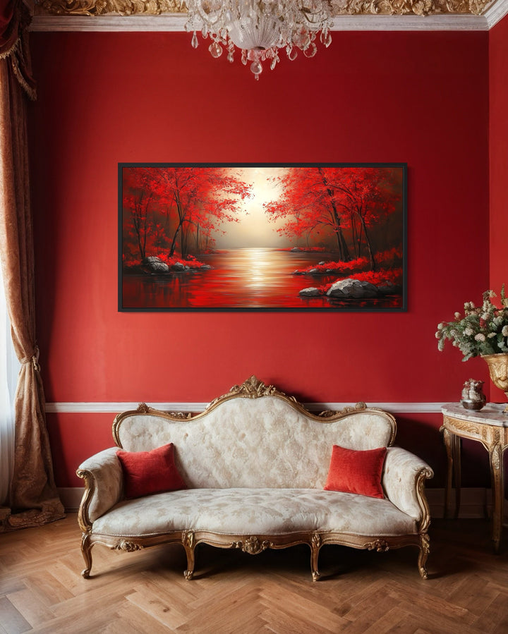 Red Trees And River Autumn Landscape Framed Canvas Wall Art