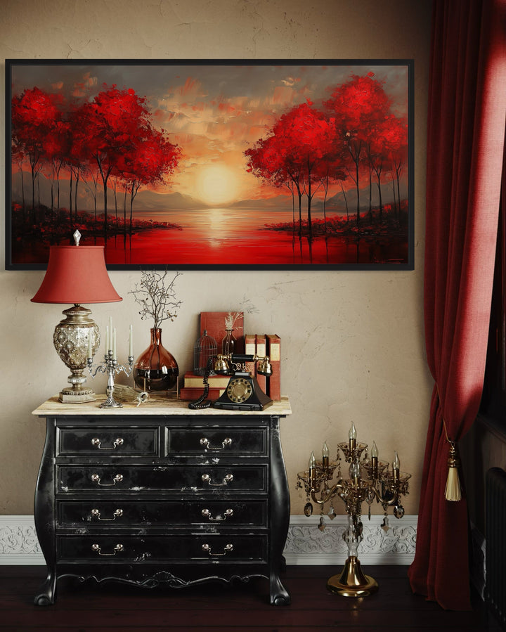 Red Trees At Sunrise Framed Canvas Wall Art For Red Walls