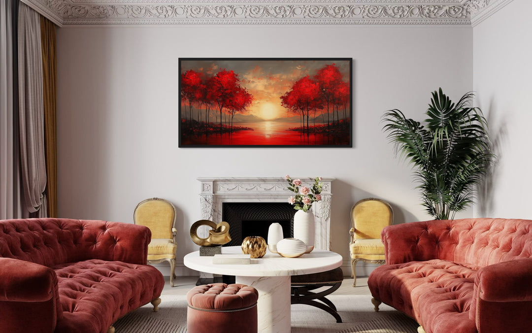 Red Trees At Sunrise Framed Canvas Wall Art For Red Walls