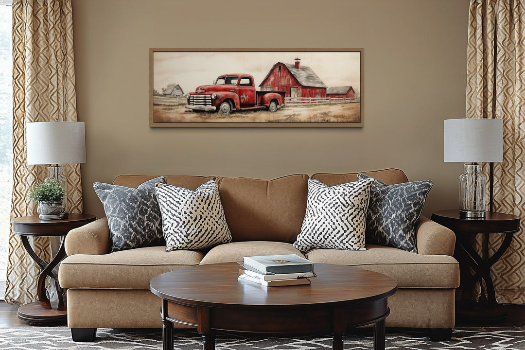 Red Truck And Barn Painting on Wood Framed Canvas Wall Art