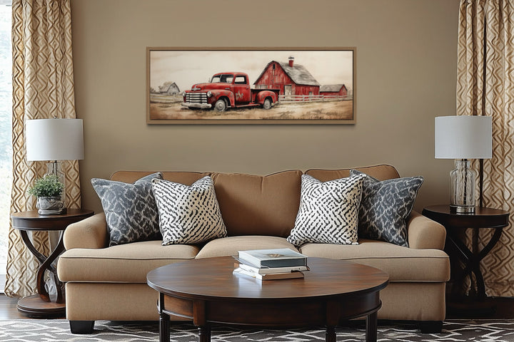 Red Truck And Barn Painting on Wood Framed Canvas Wall Art