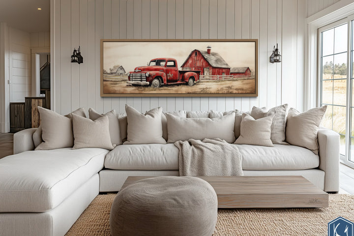 Red Truck And Barn Painting on Wood Framed Canvas Wall Art
