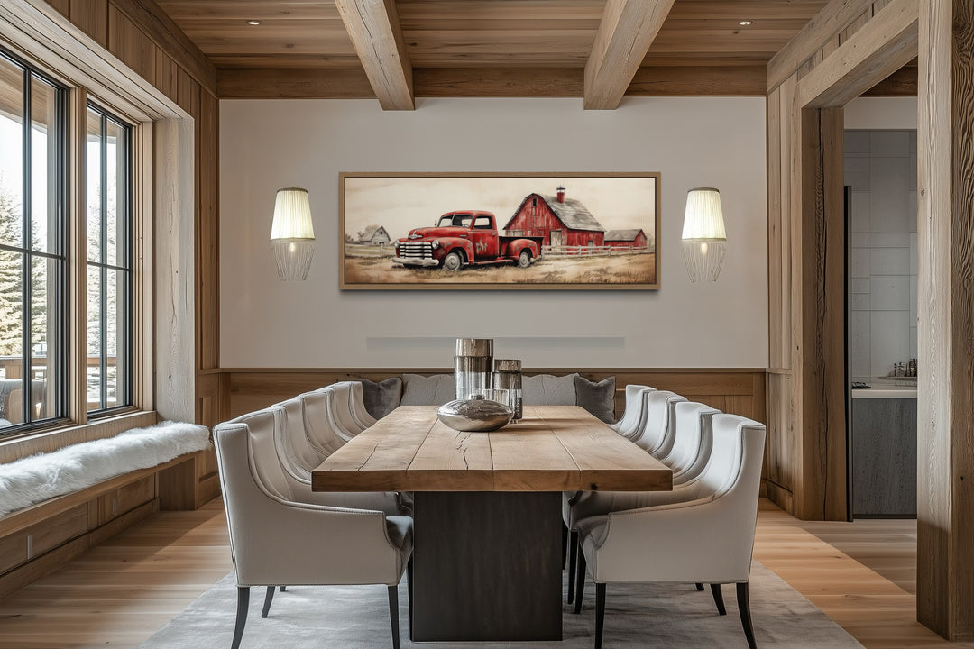 Red Truck And Barn Painting on Wood Framed Canvas Wall Art