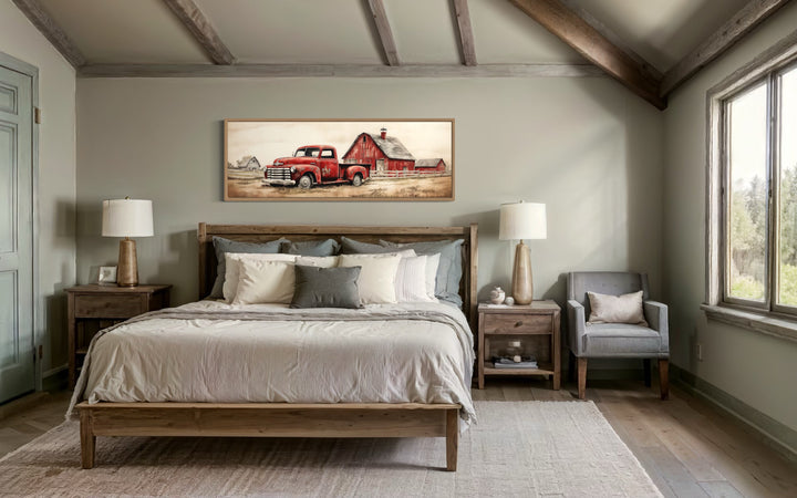 Red Truck And Barn Painting on Wood Framed Canvas Wall Art