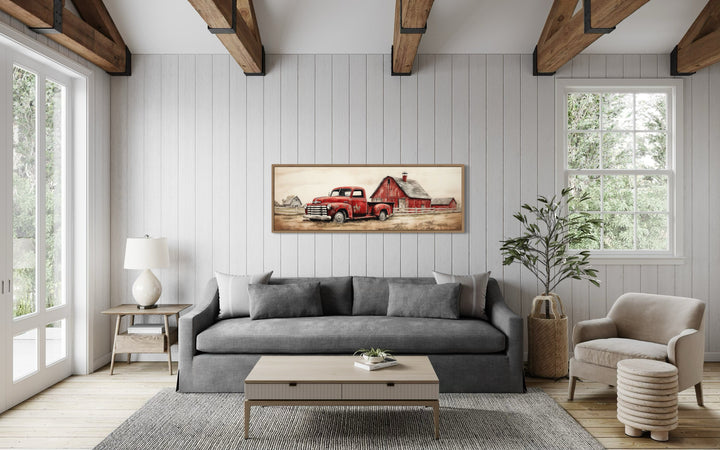 Red Truck And Barn Painting on Wood Framed Canvas Wall Art