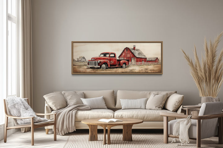 Red Truck And Barn Painting on Wood Framed Canvas Wall Art