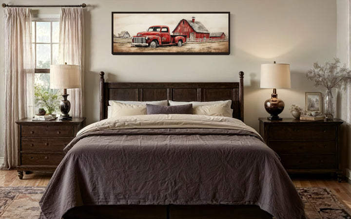 Red Truck And Barn Painting on Wood Framed Canvas Wall Art