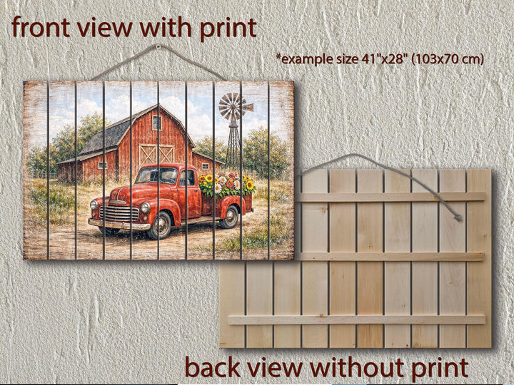 Front and back views of a rustic wood wall art piece featuring a red truck and barn scene.
