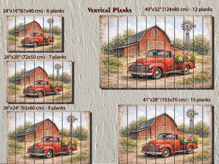 Rustic wood wall art featuring a vintage red truck and barn in five different vertical plank sizes.