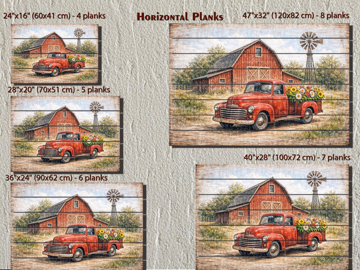 Rustic red truck and barn wall art on horizontal wood planks in five different sizes.