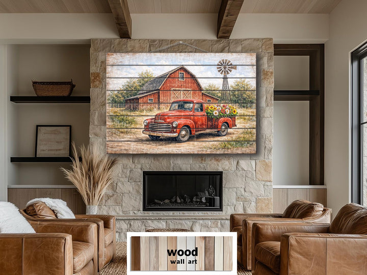 Rustic wood wall art featuring a vintage red truck with flowers in front of a barn and windmill.
