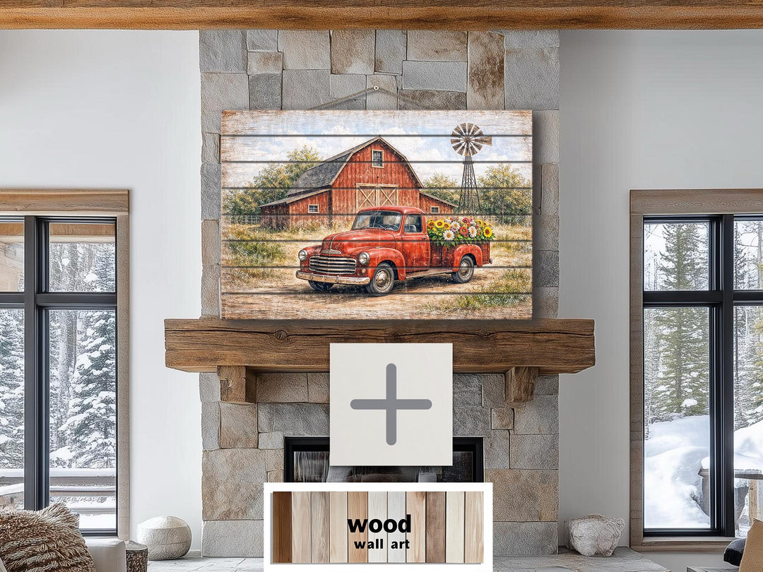 Rustic wood wall art featuring a vintage red truck with flowers in front of a barn.