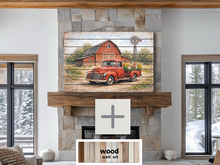Rustic wood wall art featuring a vintage red truck with flowers in front of a barn.