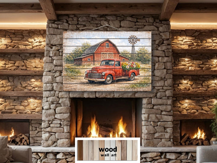 Red truck with flowers and barn distressed wood wall art hanging above a stone fireplace.
