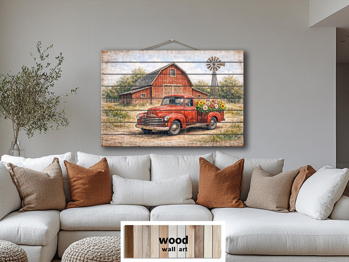 Red truck with flowers and barn scene printed on horizontal wood planks for farmhouse wall decor.