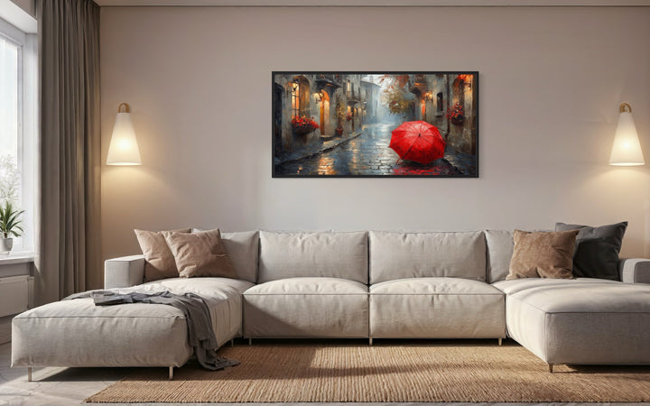 Red Umbrella In Rainy Paris Framed Canvas Wall Art