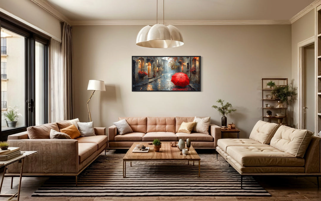 Red Umbrella In Rainy Paris Framed Canvas Wall Art