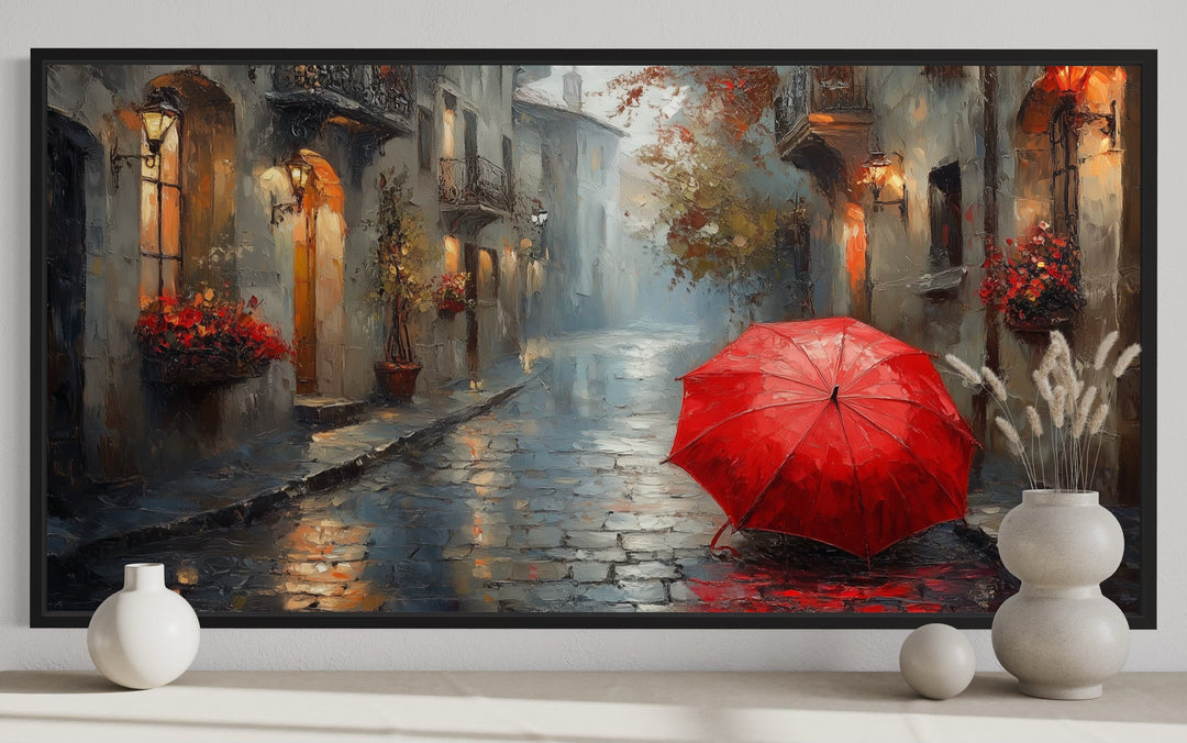 Red Umbrella In Rainy Paris Framed Canvas Wall Art