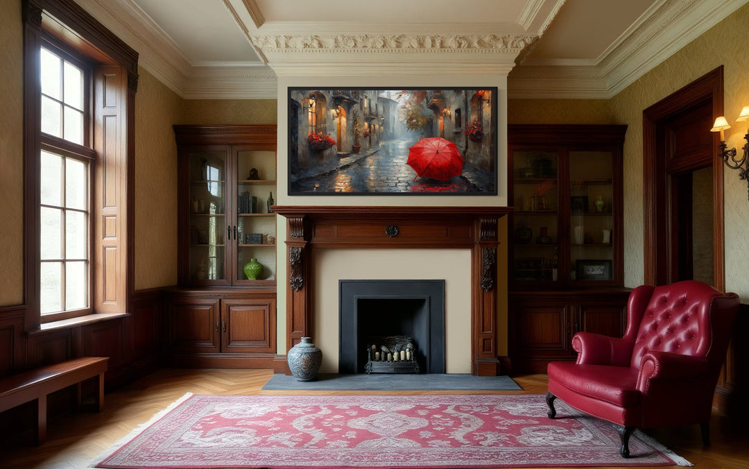 Red Umbrella In Rainy Paris Framed Canvas Wall Art