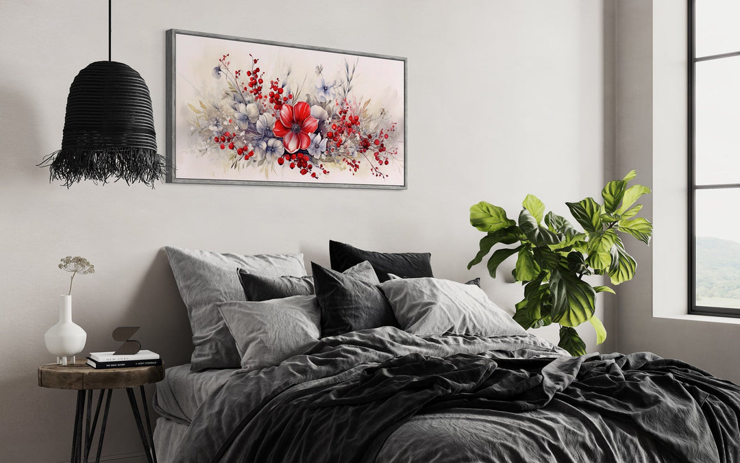 Red Wildflowers Wall Art – Framed Canvas Print | Rustic Floral Artwork for Living Room