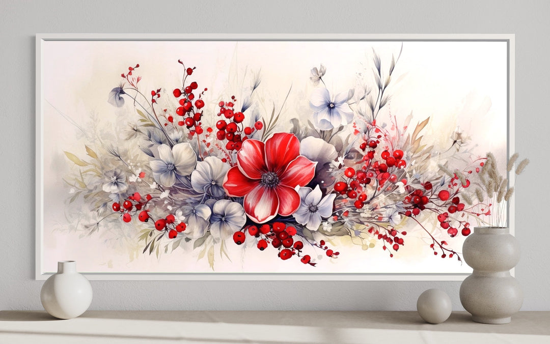 Red Wildflowers Wall Art – Framed Canvas Print | Rustic Floral Artwork for Living Room