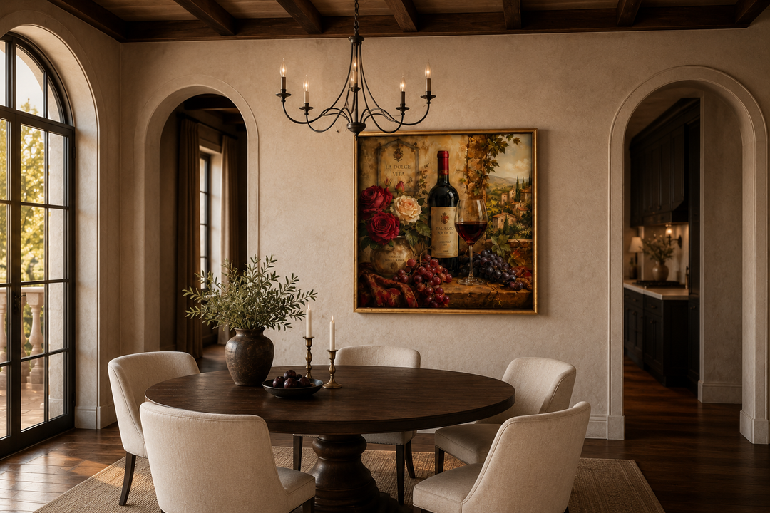 Framed still life canvas of a red wine bottle, glass, grapes, and roses in a rustic dining room.