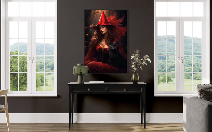 Red Witch In Enchanted Forest With Black Cat Gothic Framed Canvas Wall Art