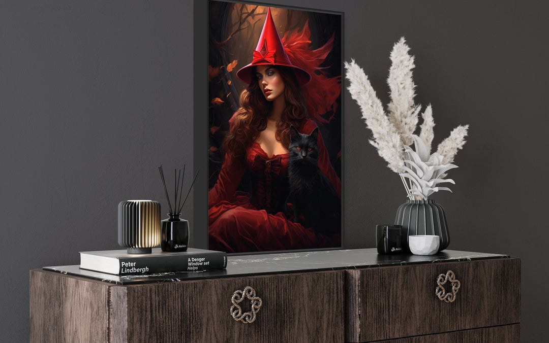 Red Witch In Enchanted Forest With Black Cat Gothic Framed Canvas Wall Art