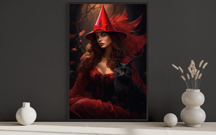 Red Witch In Enchanted Forest With Black Cat Gothic Framed Canvas Wall Art