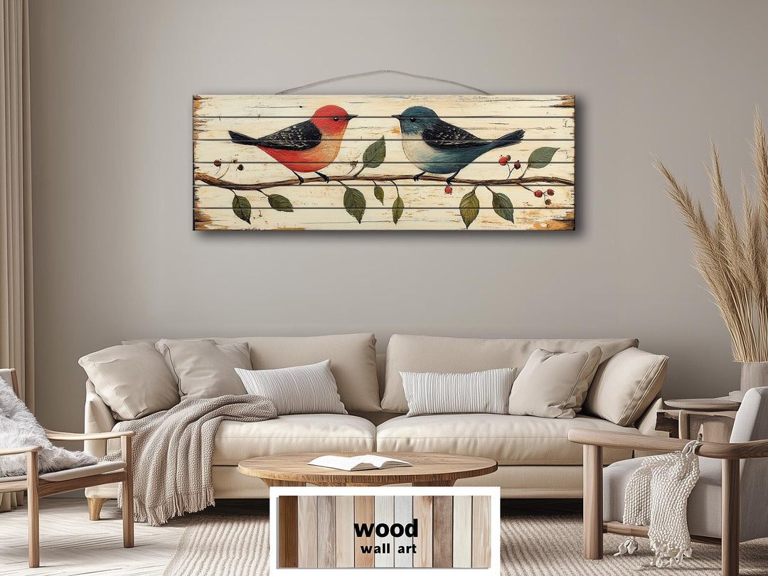 Red and Blue Birds on Branch Long Horizontal Distressed Wood Wall Art