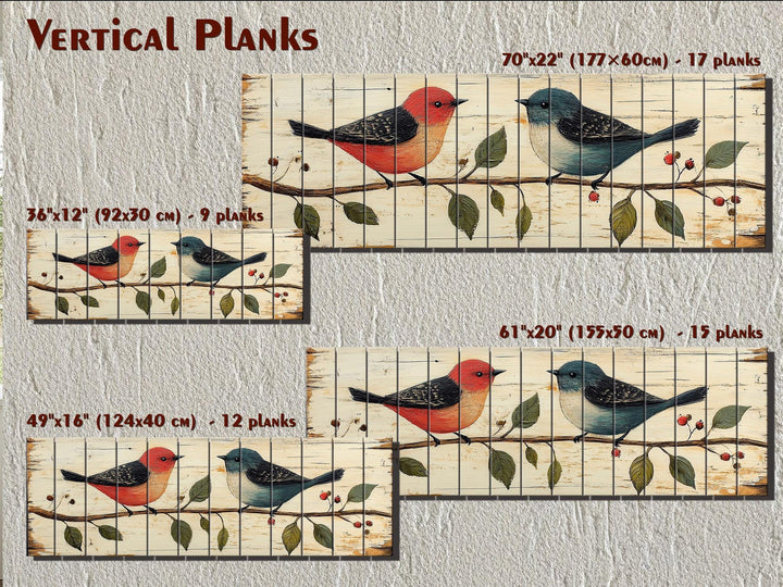 Red and Blue Birds on Branch Long Horizontal Distressed Wood Wall Art