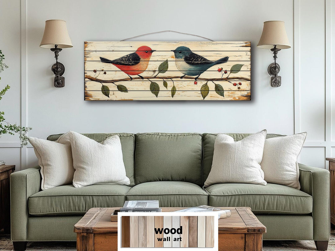Red and Blue Birds on Branch Long Horizontal Distressed Wood Wall Art