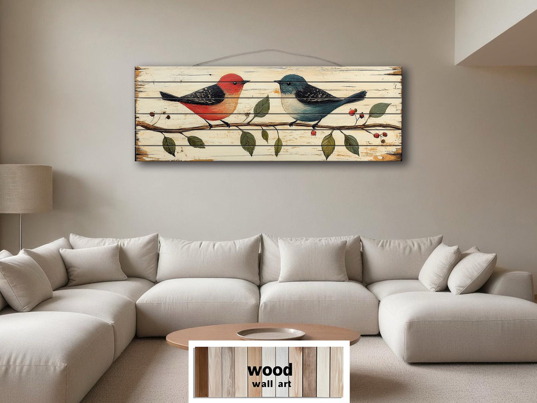 Red and Blue Birds on Branch Long Horizontal Distressed Wood Wall Art