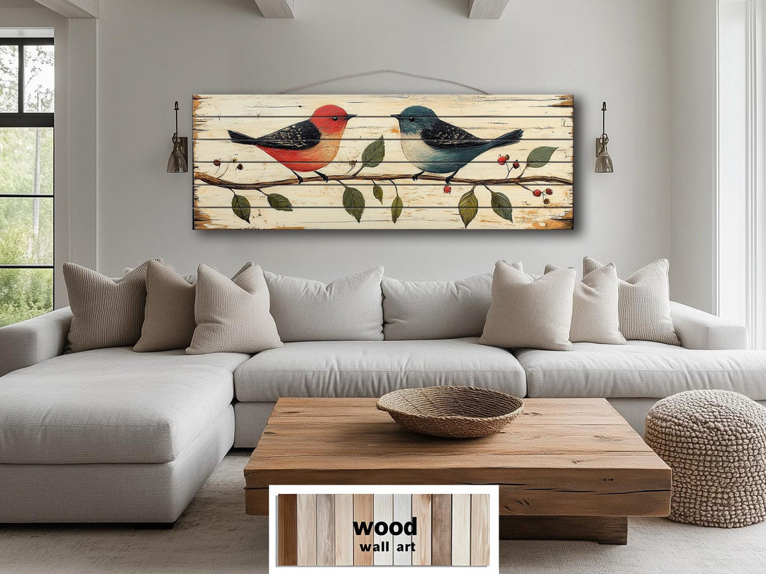 Red and Blue Birds on Branch Long Horizontal Distressed Wood Wall Art