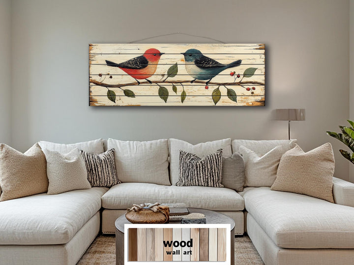 Red and Blue Birds on Branch Long Horizontal Distressed Wood Wall Art